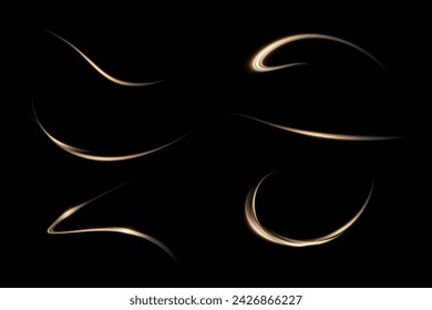 Vector de fondo png con líneas doradas brillantes. Líneas doradas de velocidad. Efecto de resplandor ligero. Onda de sendero ligero, línea de sendero de fuego y remolino de curva de resplandor.