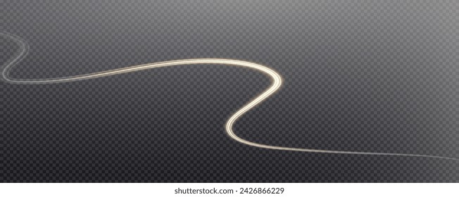 Vector png background with gold glowing lines. Gold glowing lines of speed. Light glow effect. Light trail wave, fire trail line and glow curve swirl.