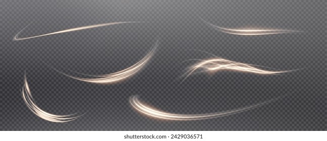 Vector png background with gold glowing lines. Gold glowing lines of speed. Light glow effect. Light trail wave, fire trail line and glow curve swirl.