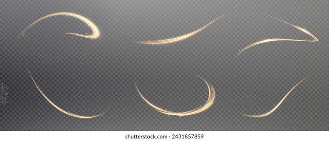 Vector png background with gold glowing lines. Gold glowing lines of speed. Light glow effect. Light trail wave, fire trail line and glow curve swirl.