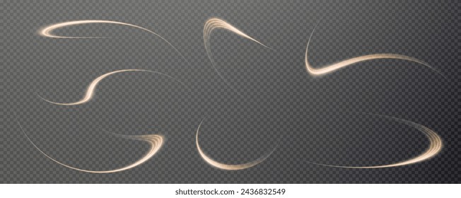 Vector de fondo png con líneas doradas brillantes. Líneas doradas de velocidad. Efecto de resplandor ligero. Onda de sendero ligero, línea de sendero de fuego y remolino de curva de resplandor.