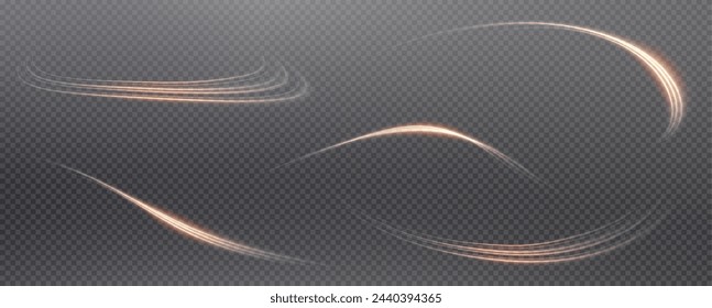 Vector png background with gold glowing lines. Gold glowing lines of speed. Light glow effect. Light trail wave, fire trail line and glow curve swirl.