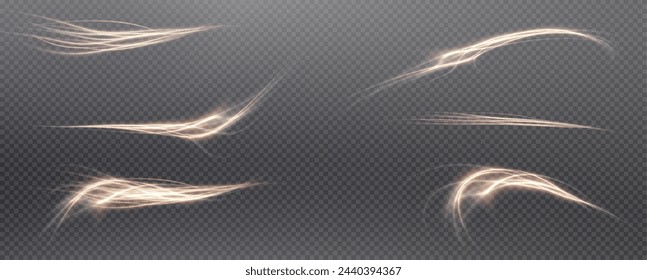 Vector png background with gold glowing lines. Gold glowing lines of speed. Light glow effect. Light trail wave, fire trail line and glow curve swirl.