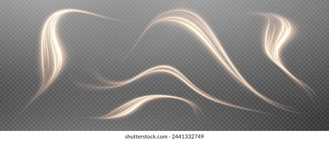 Vector png background with gold glowing lines. Gold glowing lines of speed. Light glow effect. Light trail wave, fire trail line and glow curve swirl.