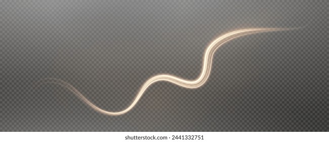 Vector de fondo png con líneas doradas brillantes. Líneas doradas de velocidad. Efecto de resplandor ligero. Onda de sendero ligero, línea de sendero de fuego y remolino de curva de resplandor.