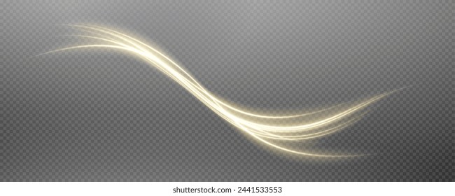 Vector png background with gold glowing lines. Gold glowing lines of speed. Light glow effect. Light trail wave, fire trail line and glow curve swirl.