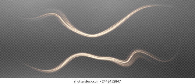 Vector png background with gold glowing lines. Gold glowing lines of speed. Light glow effect. Light trail wave, fire trail line and glow curve swirl.