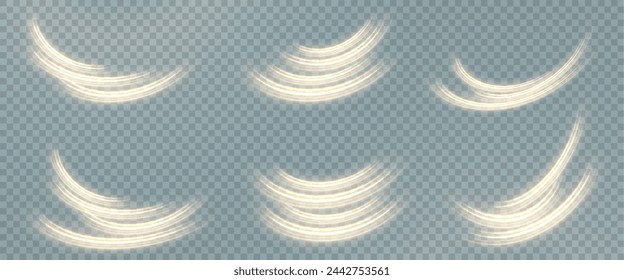 Vector png background with gold glowing lines. Gold glowing lines of speed. Light glow effect. Light trail wave, fire trail line and glow curve swirl.