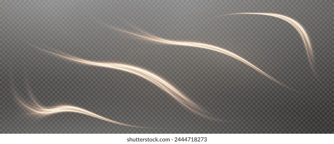 Vector png background with gold glowing lines. Gold glowing lines of speed. Light glow effect. Light trail wave, fire trail line and glow curve swirl.