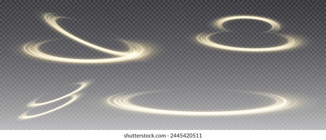 Vector png background with gold glowing lines. Gold glowing lines of speed. Light glow effect. Light trail wave, fire trail line and glow curve swirl. Luminous ring circle.Hud podiums or portals.