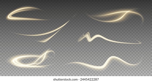 Fondo de png de Vector con líneas doradas brillantes. Líneas doradas de velocidad. Efecto de resplandor ligero. Onda de sendero ligero, línea de sendero de fuego y remolino de curva de resplandor.