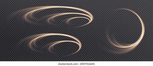 Vector png background with gold glowing lines. Gold glowing lines of speed. Light glow effect. Light trail wave, fire trail line and glow curve swirl.