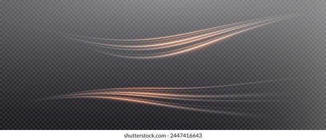 Vector png background with gold glowing lines. Gold glowing lines of speed. Light glow effect. Light trail wave, fire trail line and glow curve swirl.