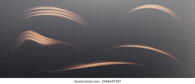 Vector png background with gold glowing lines. Gold glowing lines of speed. Light glow effect. Light trail wave, fire trail line and glow curve swirl.