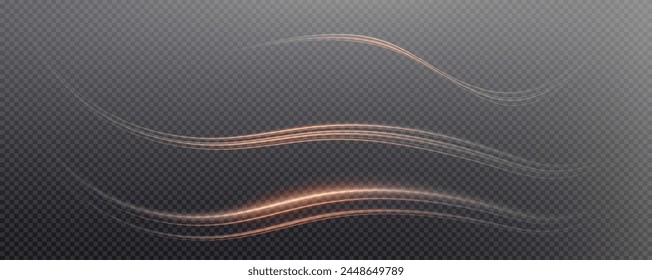 Vector png background with gold glowing lines. Gold glowing lines of speed. Light glow effect. Light trail wave, fire trail line and glow curve swirl.