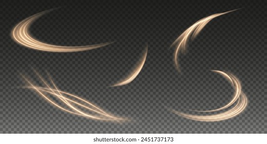 Fondo de png de Vector con líneas doradas brillantes. Líneas doradas de velocidad. Efecto de resplandor ligero. Onda de sendero ligero, línea de sendero de fuego y remolino de curva de resplandor.