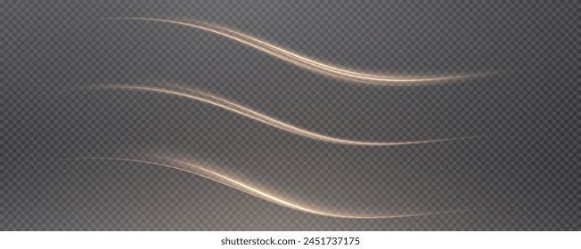 Fondo de png de Vector con líneas doradas brillantes. Líneas doradas de velocidad. Efecto de resplandor ligero. Onda de sendero ligero, línea de sendero de fuego y remolino de curva de resplandor.