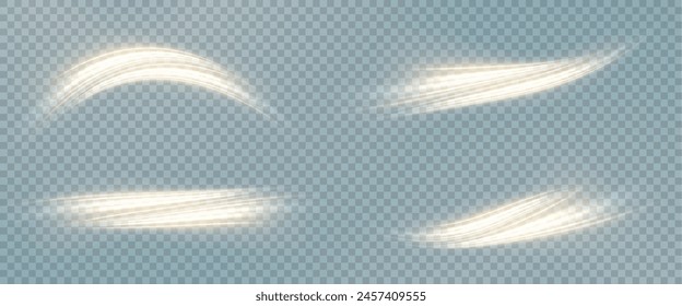 Vector png background with gold glowing lines. Gold glowing lines of speed. Light glow effect. Light trail wave, fire trail line and glow curve swirl.