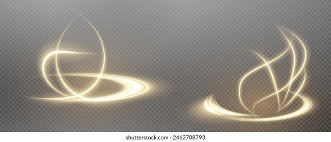 Fondo de png de Vector con líneas doradas brillantes. Líneas doradas de velocidad. Efecto de resplandor ligero. Onda de sendero ligero, línea de sendero de fuego y remolino de curva de resplandor.