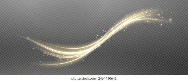 Vector png background with gold glowing lines. Gold glowing lines of speed. Light glow effect. Light trail wave, fire trail line and glow curve swirl.