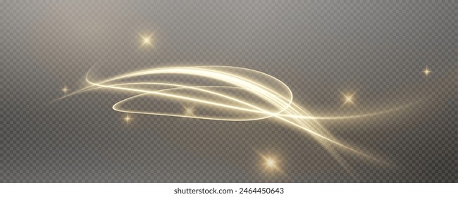 Vektorgrafik PNG Hintergrund mit goldglühenden Linien. Gold glühende Linien der Geschwindigkeit. Lichtglüheffekt. Lichtspurwelle, Feuerspurlinie und Glühkurvenwirbel.