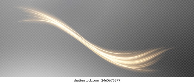 Vector png background with gold glowing lines. Gold glowing lines of speed. Light glow effect. Light trail wave, fire trail line and glow curve swirl.