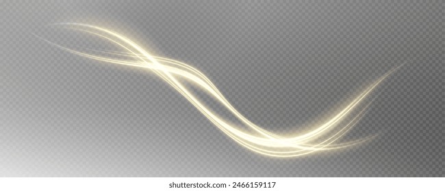 Fondo de png de Vector con líneas doradas brillantes. Líneas doradas de velocidad. Efecto de resplandor ligero. Onda de sendero ligero, línea de sendero de fuego y remolino de curva de resplandor.
