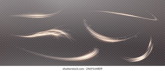 Vector png background with gold glowing lines. Gold glowing lines of speed. Light glow effect. Light trail wave, fire trail line and glow curve swirl.