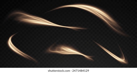 Vector png background with gold glowing lines. Gold glowing lines of speed. Light glow effect. Light trail wave, fire trail line and glow curve swirl.