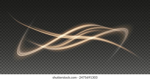 Vector png background with gold glowing lines. Gold glowing lines of speed. Light glow effect. Light trail wave, fire trail line and glow curve swirl.