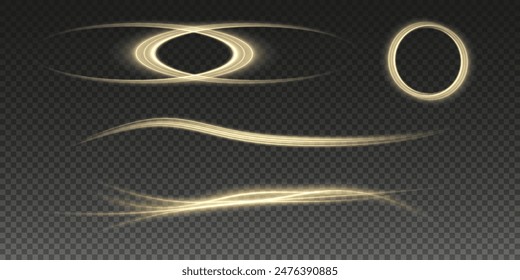 Vector png background with gold glowing lines. Gold glowing lines of speed. Light glow effect. Light trail wave, fire trail line and glow curve swirl.