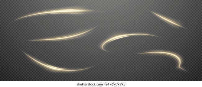 Vector png background with gold glowing lines. Gold glowing lines of speed. Light glow effect. Light trail wave, fire trail line and glow curve swirl.