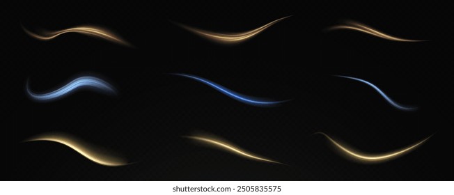 Vector png background with gold glowing lines. Gold glowing lines of speed. Light glow effect. Light trail wave, fire trail line and glow curve swirl.