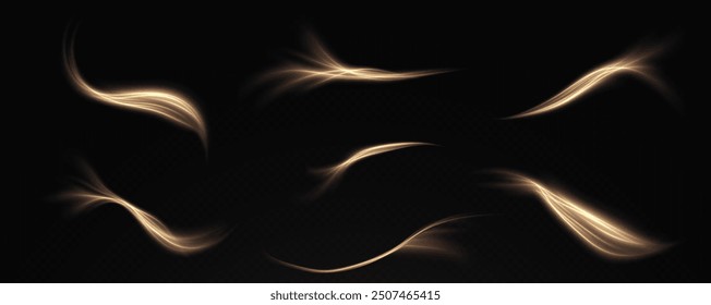 Vector png background with gold glowing lines. Gold glowing lines of speed. Light glow effect. Light trail wave, fire trail line and glow curve swirl.