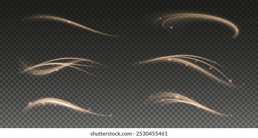 Vector png background with gold glowing lines. Gold glowing lines of speed. Light glow effect. Light trail wave, fire trail line and glow curve swirl.