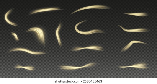 Fondo de Vector png con líneas brillantes de oro. Oro líneas brillantes de la velocidad. Efecto de brillo ligero. Onda de sendero ligero, línea de sendero de fuego y remolino de curva de brillo.