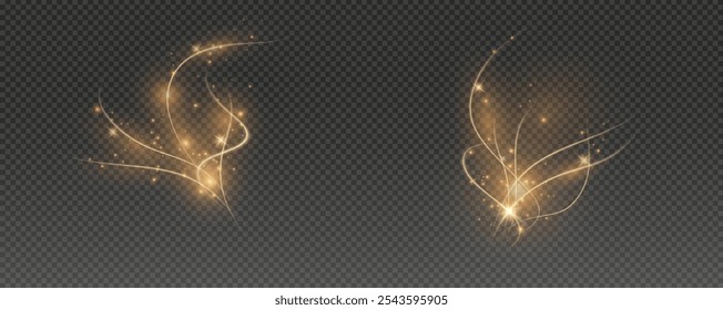 Vector png background with gold glowing lines. Gold glowing lines of speed. Light glow effect. Light trail wave, fire trail line and glow curve swirl.
