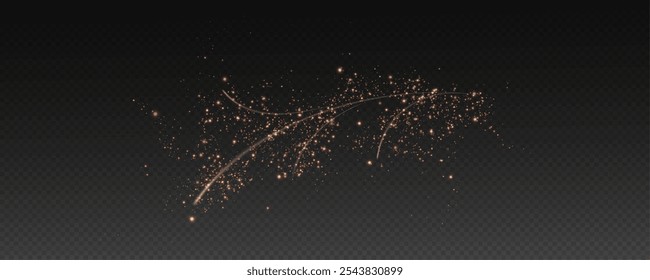 Vector png background with gold glowing lines. Gold glowing lines of speed. Light glow effect. Light trail wave, fire trail line and glow curve swirl.