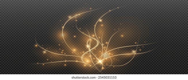 Vector png background with gold glowing lines. Gold glowing lines of speed. Light glow effect. Light trail wave, fire trail line and glow curve swirl.