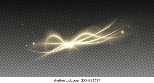 Vector png background with gold glowing lines. Gold glowing lines of speed. Light glow effect. Light trail wave, fire trail line and glow curve swirl.