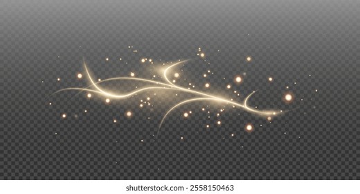 Vector png background with gold glowing lines. Gold glowing lines of speed. Light glow effect. Light trail wave, fire trail line and glow curve swirl.