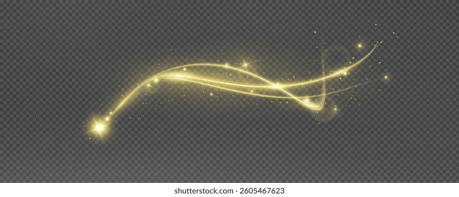 Vector png background with gold glowing lines. Gold glowing lines of speed. Light glow effect. Light trail wave, fire trail line and glow curve swirl.