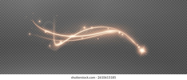 Vector png background with gold glowing lines. Gold glowing lines of speed. Light glow effect. Light trail wave, fire trail line and glow curve swirl.