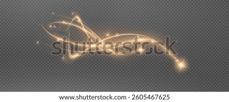 Vector png background with gold glowing lines. Gold glowing lines of speed. Light glow effect. Light trail wave, fire trail line and glow curve swirl.