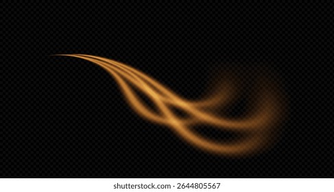 Vector png background with golden glowing lines. Golden glowing speed lines. Glow effect. Wave of light trace, fire trace line and swirl of glowing curve.For advertising,banners