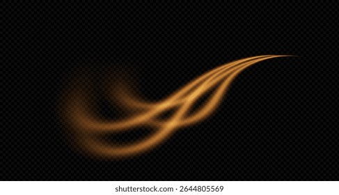 Vector png background with golden glowing lines. Golden glowing speed lines. Glow effect. Wave of light trace, fire trace line and swirl of glowing curve.For advertising,banners
