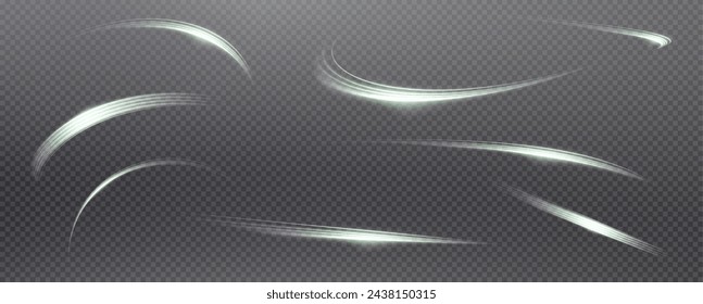 Vector png background with  green glowing lines. Green glowing lines of speed. Light glow effect. Light trail wave, fire trail line and glow curve swirl.