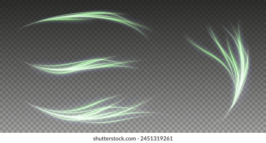 Fondo de png de Vector con líneas brillantes verdes. Líneas de velocidad verdes brillantes. Efecto de resplandor ligero. Onda de sendero ligero, línea de sendero de fuego y remolino de curva de resplandor.