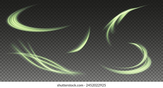 Vector png background with  green glowing lines. Green glowing lines of speed. Light glow effect. Light trail wave, fire trail line and glow curve swirl.