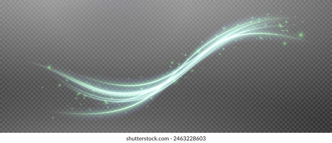 Vector png background with  green glowing lines. Green glowing lines of speed. Light glow effect. Light trail wave, fire trail line and glow curve swirl.
